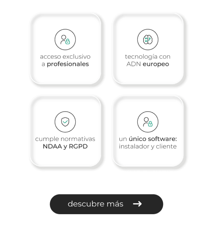 Cámara MOVOK: acceso exclusivo a profesionales, tecnología con ADN europeo, cumple normativas NDAA y RGPD, un único software para instalador y cliente